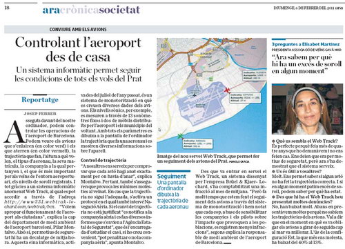 Notcia publicada al diari ARA sobre el Webtrak de l'aeroport de Barcelona que inclou declaracions de la Presidenta de l'AVV de Gav Mar (6 de Febrer de 2011)